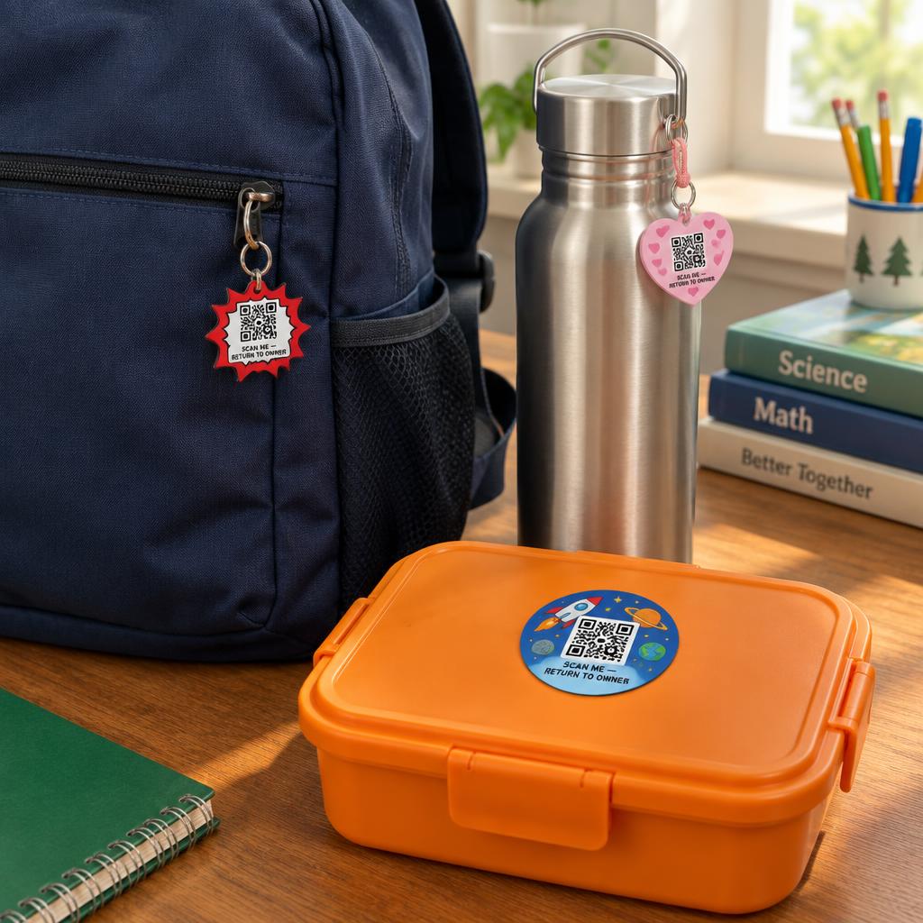 School bag, water bottle and lunchbox, each with a WapasTag QR tag or sticker attached